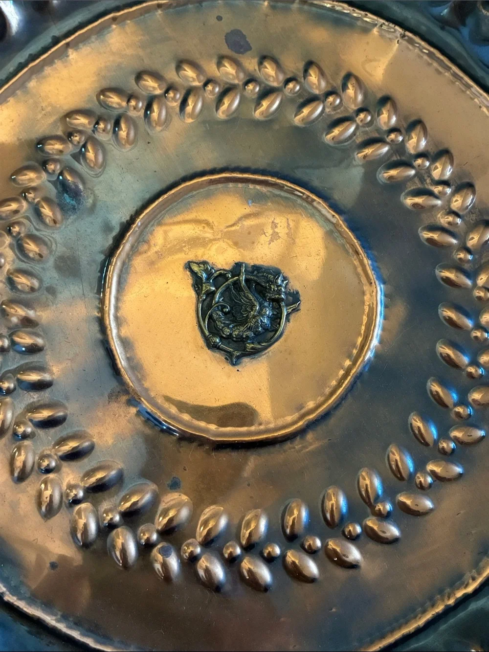 Vintage Handcrafted Copper Wall Plate with Laurel Embossing - Copper Finish